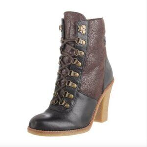Sam Edelman Tara High Heeled Ankle Boots Leather Shearling Lined Brown Black 7.5